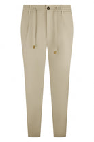 Beige silk stretch drawstring pants with pleated waistband and side pockets