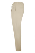 Beige silk stretch drawstring pants, back view with waistband drawcord