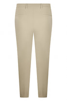 Beige silk stretch drawstring pants with front seam detail and straight leg