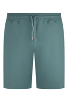 Teal blue tech stretch shorts with elastic waistband and drawstring.