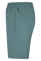 Teal blue tech stretch shorts with elastic waist and straight leg design.