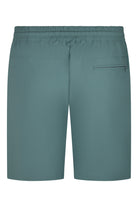 Teal blue tech stretch shorts with side zip pocket and elastic waistband.