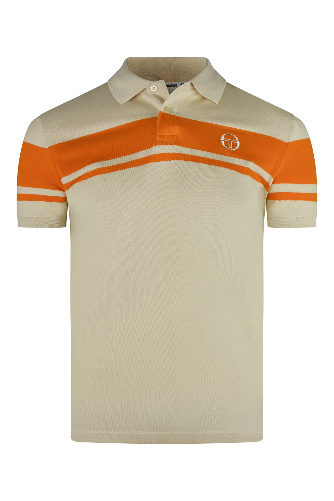 Kids polo shirt in sand and orange with striped chest and pique collar