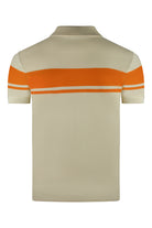 Kids polo shirt back view in sand and orange with horizontal stripe band