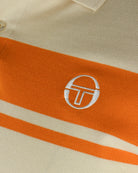 Sergio Tacchini logo badge on orange-and-sand striped polo fabric
