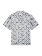 Men's short sleeve silk shirt with looping spiral print, button-front and collar