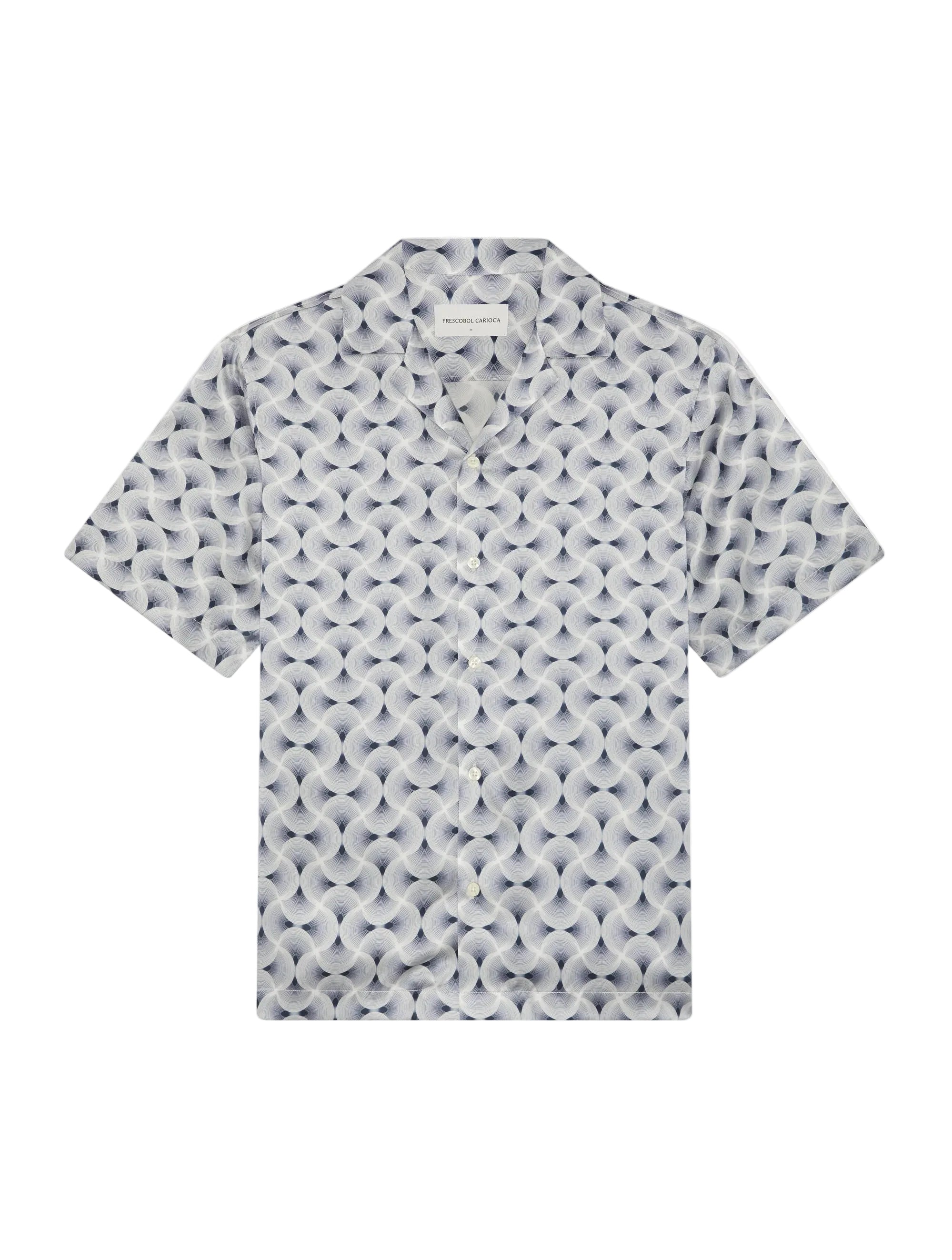 Men's short sleeve silk shirt with looping spiral print, button-front and collar