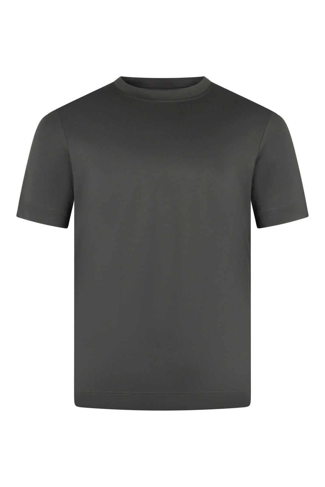 Graphite grey high-collar short-sleeve Supima cotton T-shirt, front view.