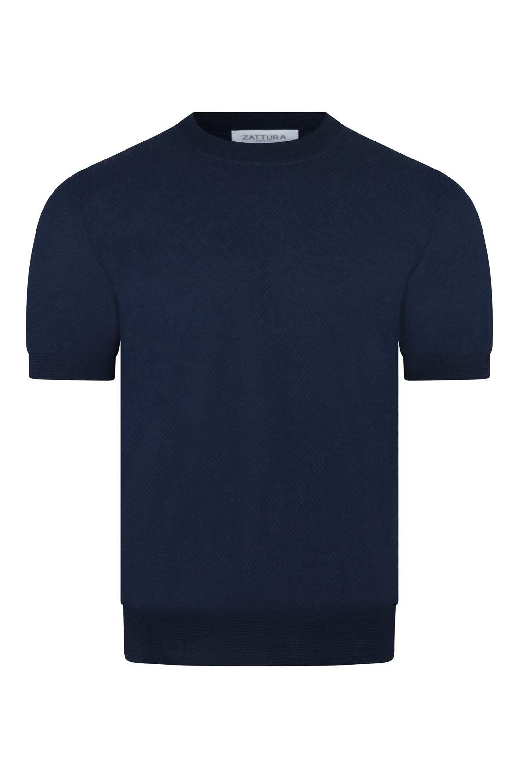 Navy textured knit short-sleeve T-shirt with crew neck and ribbed hem