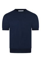 Navy textured knit short-sleeve T-shirt with crew neck and ribbed hem