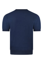 Navy textured knit short-sleeve T-shirt, back view with ribbed hem