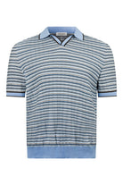 Striped open-collar polo shirt in blue tones, short sleeves, ribbed hem and cuffs