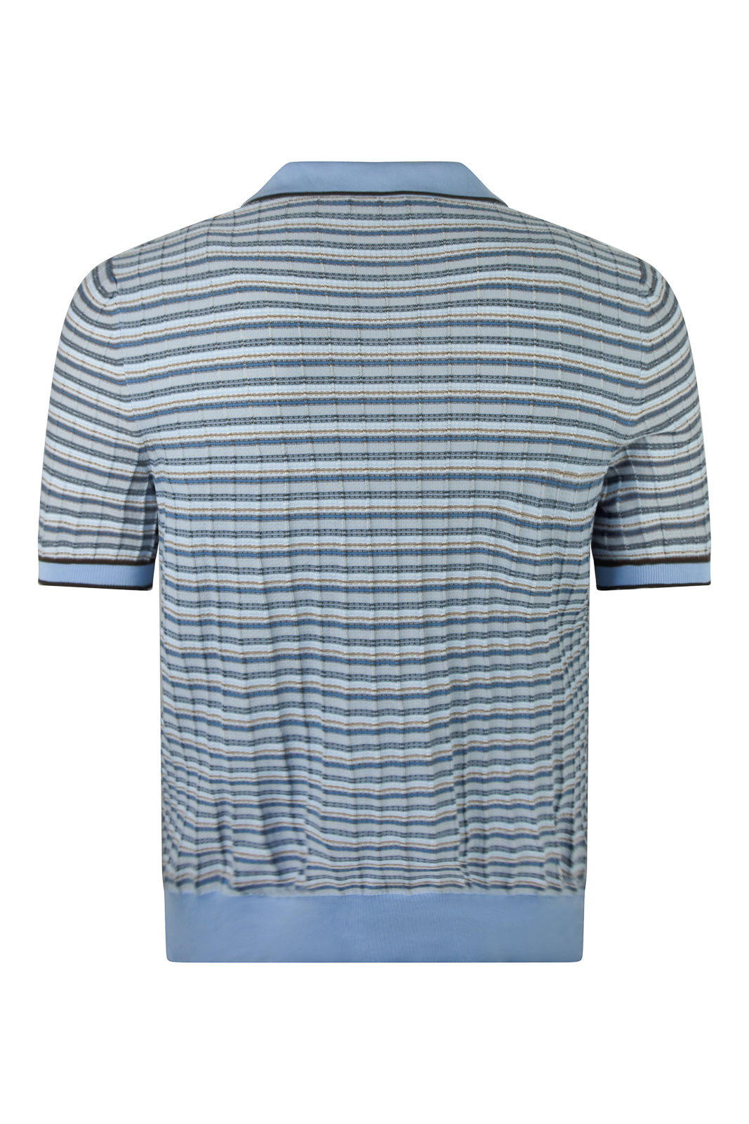 Striped open-collar polo shirt, back view, blue and tan horizontal knit stripes