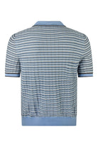 Striped open-collar polo shirt, back view, blue and tan horizontal knit stripes