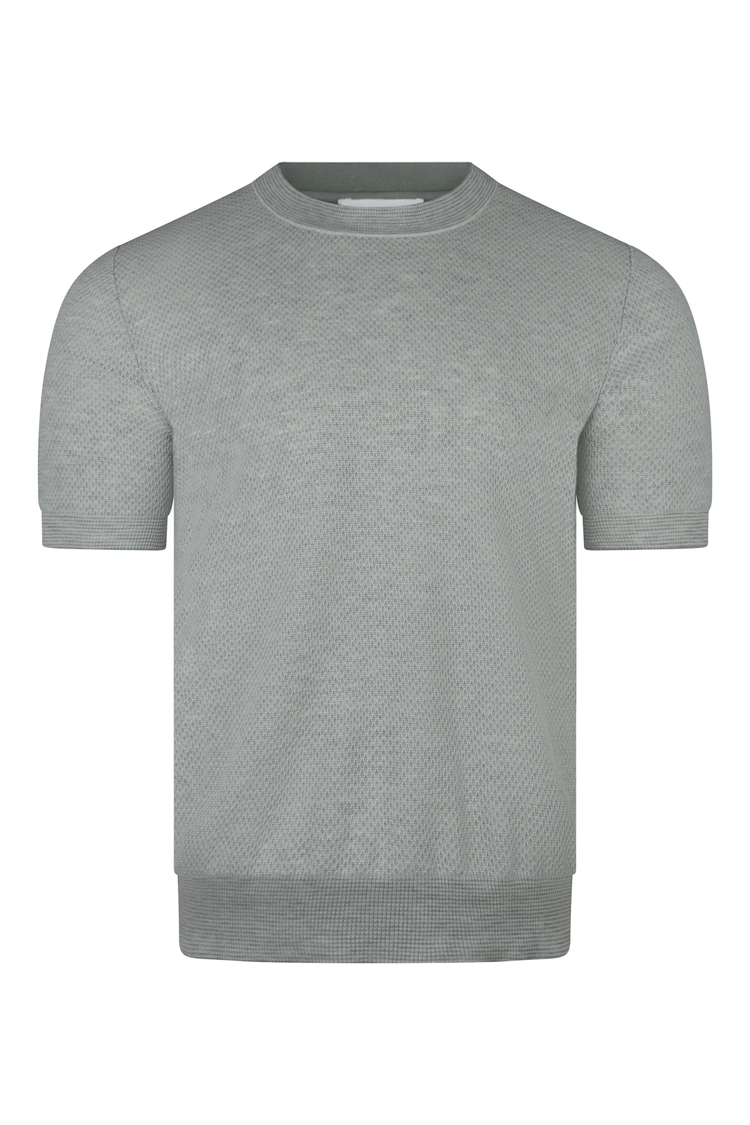 Grey textured knit short-sleeve T-shirt with crew neck and ribbed hem
