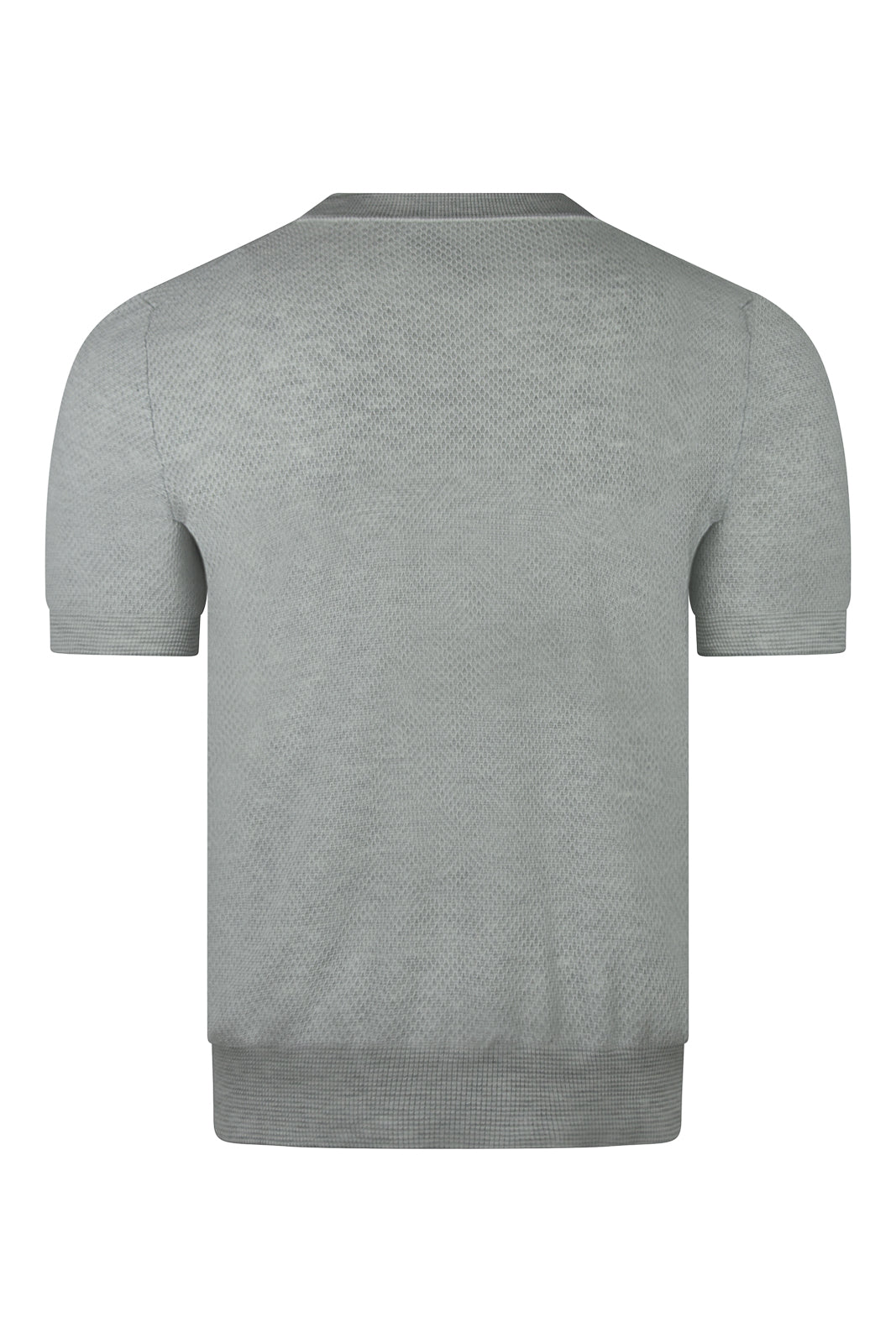 Grey textured knit short-sleeve T-shirt, back view with ribbed hem