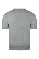 Grey textured knit short-sleeve T-shirt, back view with ribbed hem