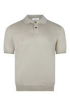 Stone beige silk-mix polo with two-button placket and stitched collar