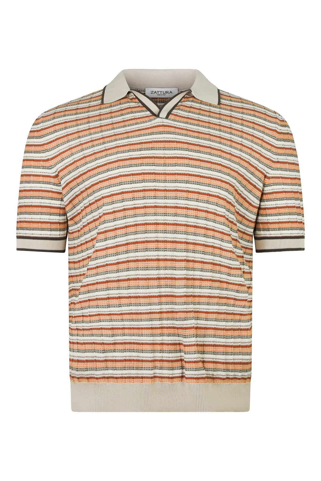 Striped open-collar polo shirt with cream, orange, and gray horizontal lines; ribbed hem.