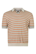 Striped open-collar polo shirt with cream, orange, and gray horizontal lines; ribbed hem.