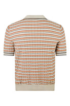 Striped open-collar polo shirt, back view; cream base with orange and gray horizontal stripes.