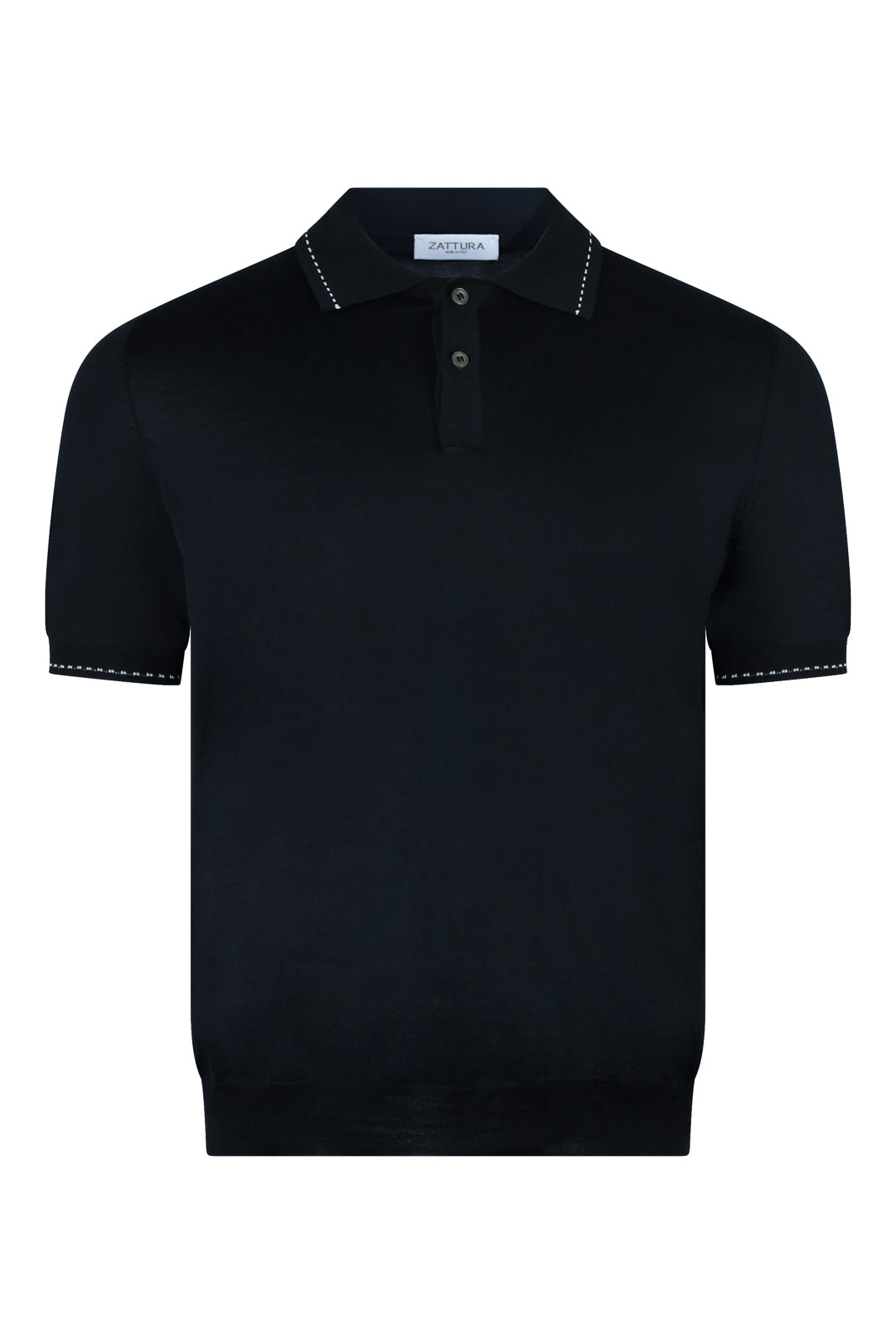 Navy silk-mix polo shirt with two-button placket, contrast stitched collar and cuffs