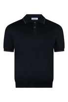Navy silk-mix polo shirt with two-button placket, contrast stitched collar and cuffs