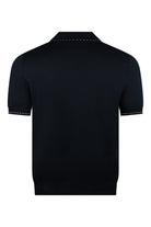 Navy silk-mix polo shirt, back view, contrast stitched hem and sleeve edges
