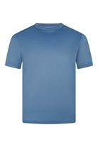 High-collar short sleeve t-shirt in deep blue, smooth knit with ribbed neckline.