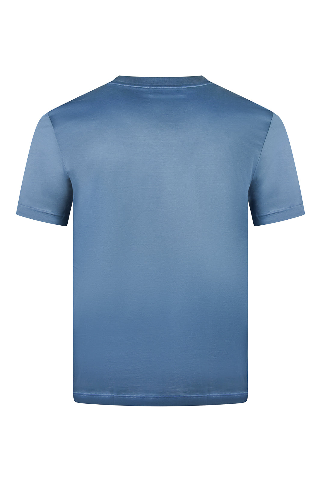 High-collar short sleeve t-shirt in deep blue, back view with clean hem.