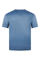 High-collar short sleeve t-shirt in deep blue, back view with clean hem.