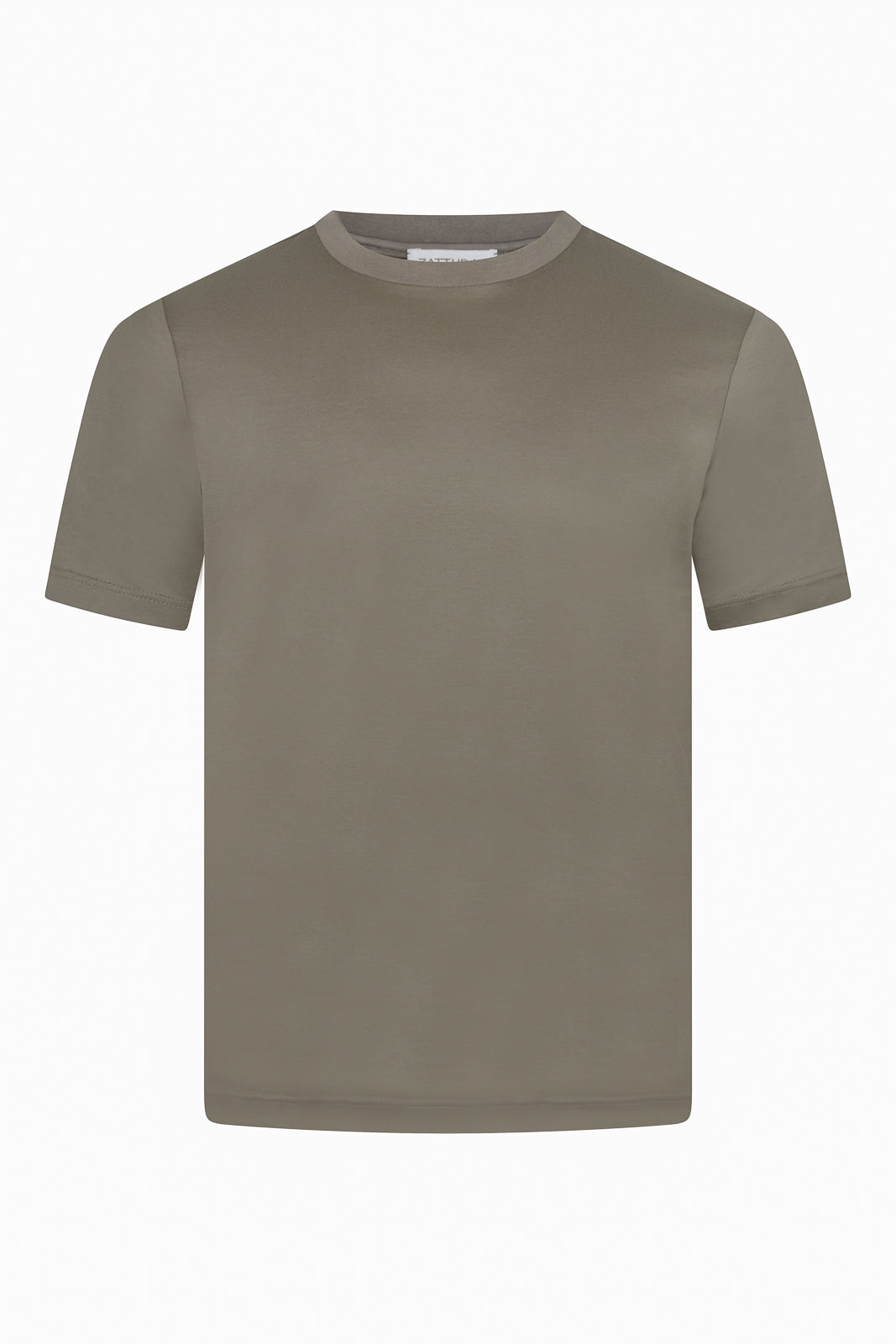 Taupe-brown high collar short-sleeve T-shirt with ribbed neckline