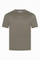 Taupe-brown high collar short-sleeve T-shirt with ribbed neckline