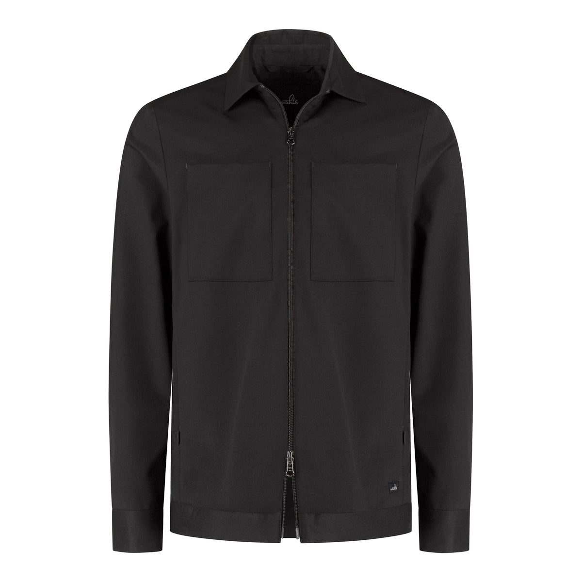 Soft wool shirt jacket in dark color, front zip and two chest pockets