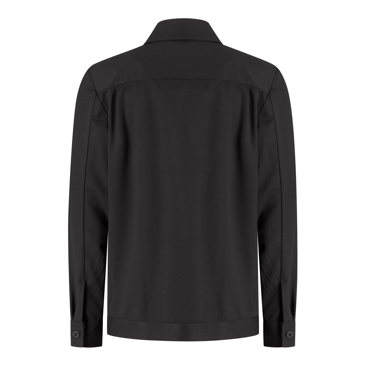 Soft wool shirt jacket, back view with stand collar and button cuffs