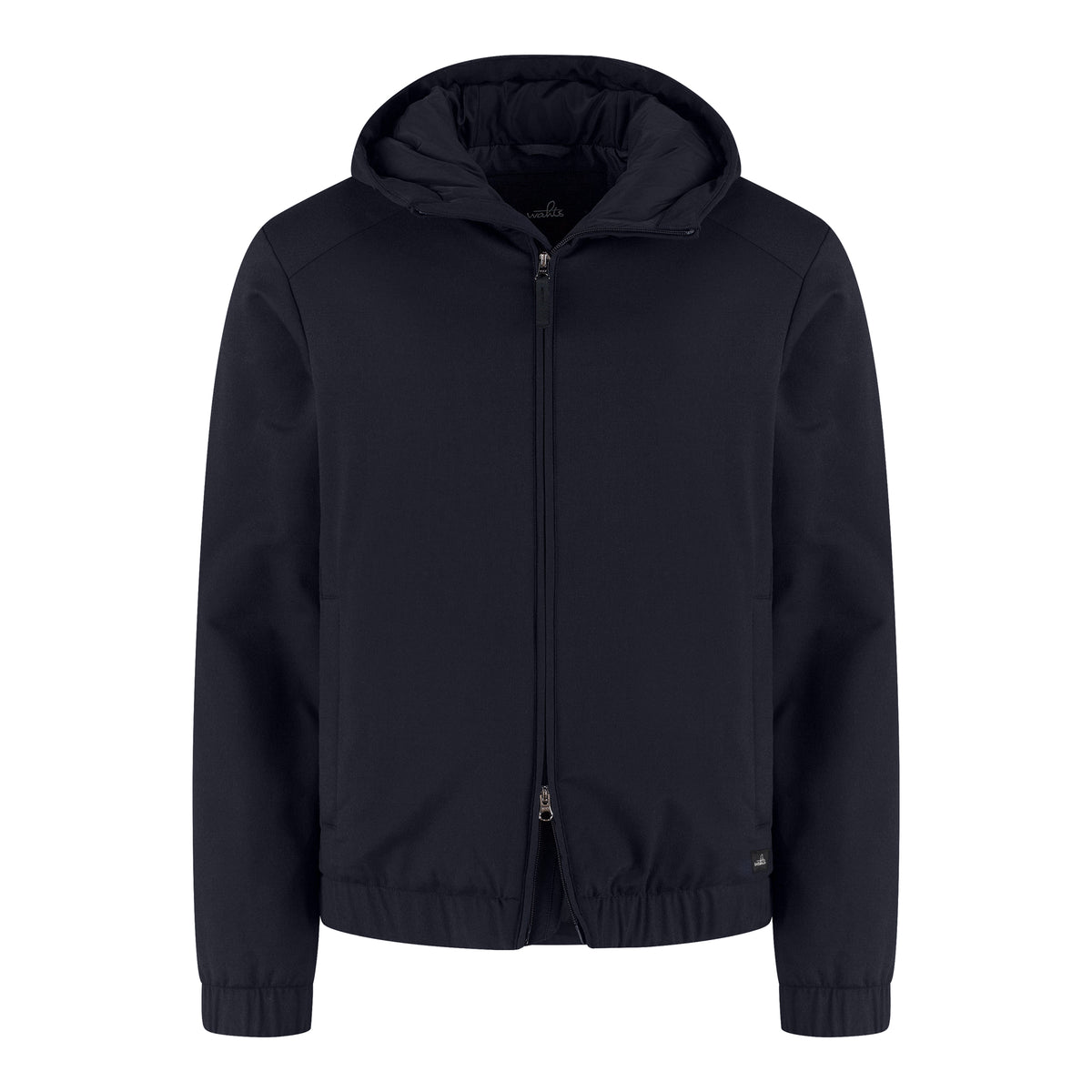Men's soft wool hooded commuter jacket in deep navy, full front zip