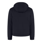 Men's deep navy hooded commuter jacket, back view with elastic cuffs