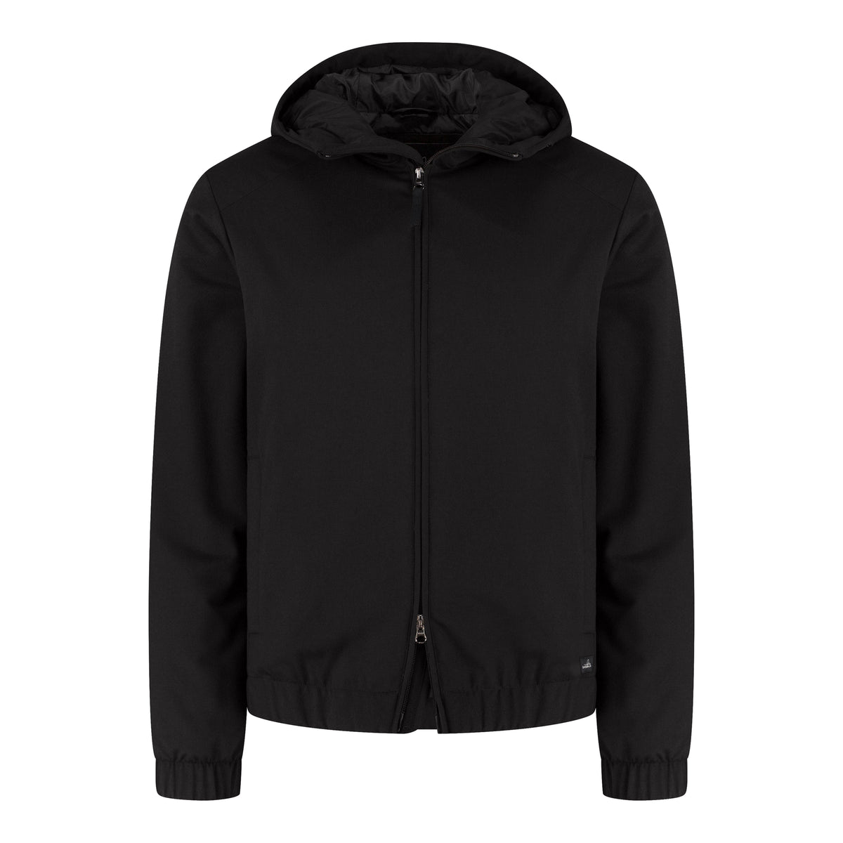 WAHTS Rodan soft wool hooded commuter jacket, dark front zip with drawcord hood
