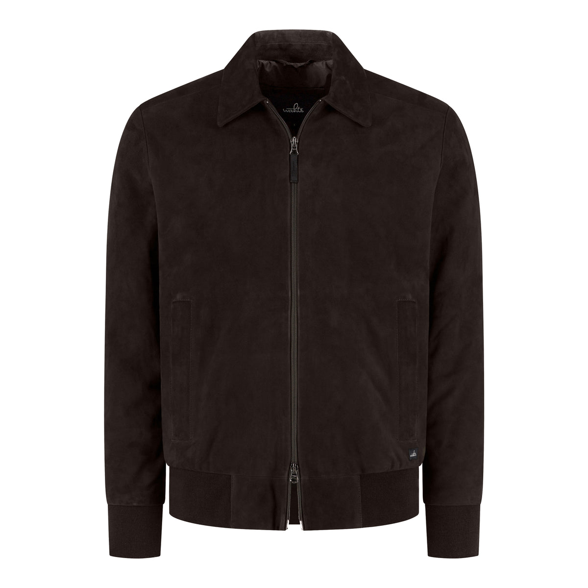 Soft suede city jacket in deep brown, front zip and stand collar