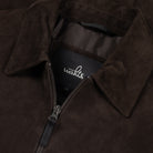 Soft suede city jacket detail: front zip, stand collar, WAHTS inner label