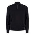 Pure black merino half-zip pullover with stand collar and slim zip placket