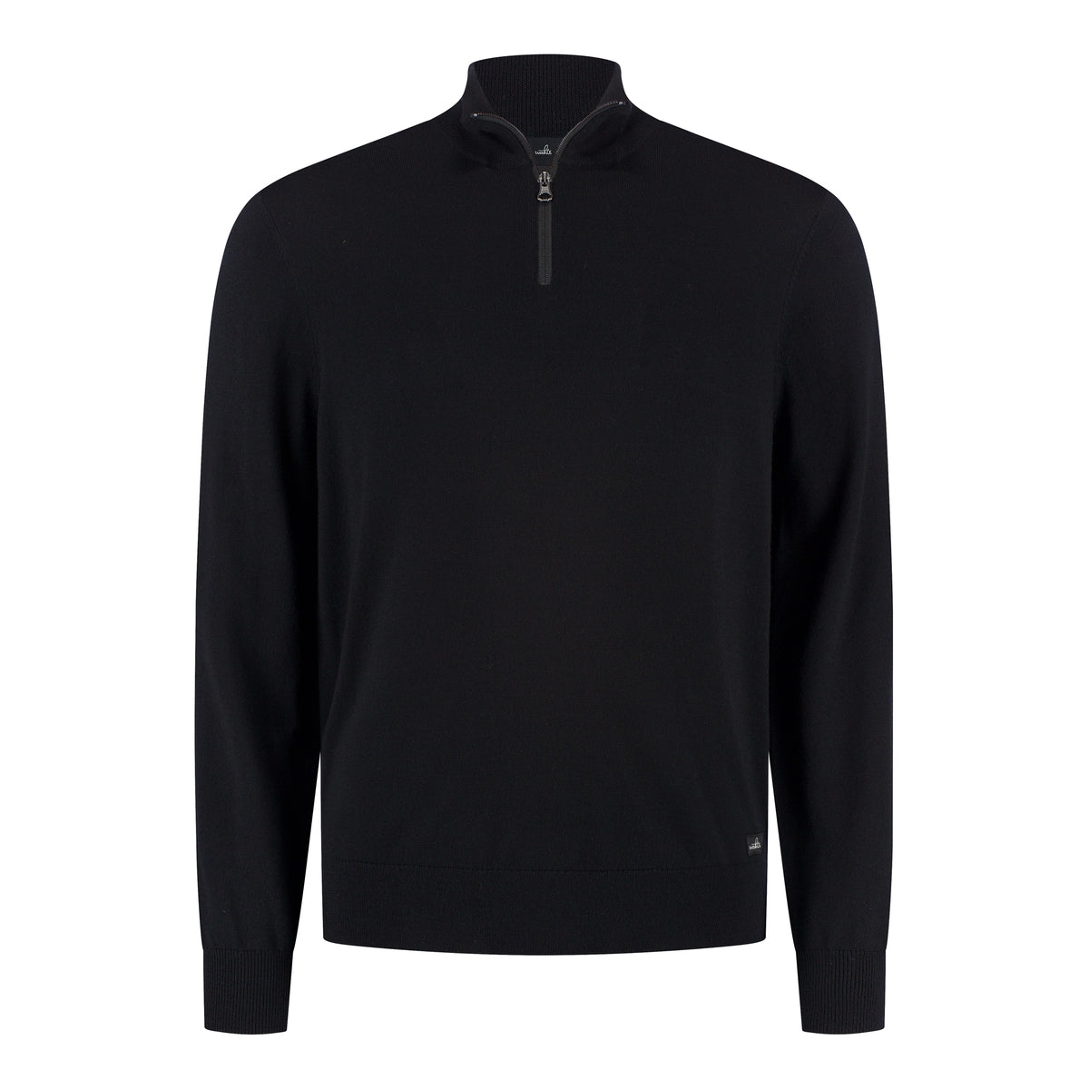 Pure black merino half-zip pullover with stand collar and slim zip placket