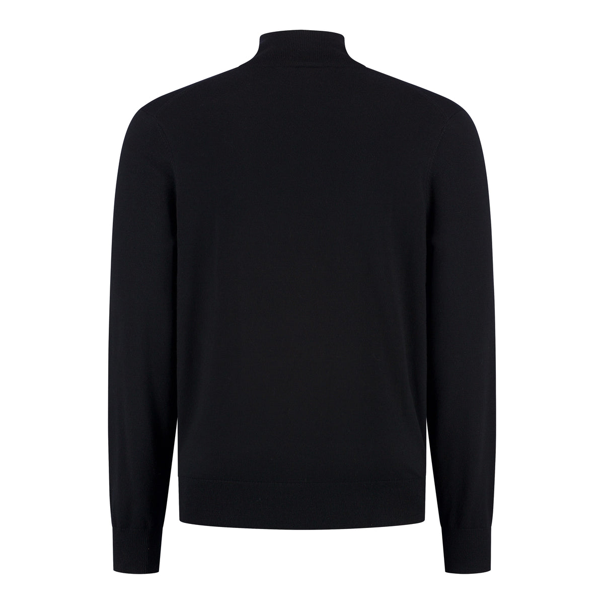 Pure black merino half-zip pullover, back view with ribbed hem and cuffs