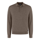 Men's taupe melange long-sleeve merino polo shirt with button placket and collar