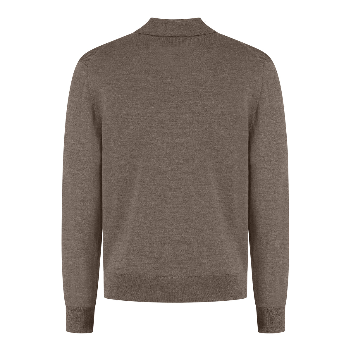 Men's taupe melange long-sleeve merino polo shirt, ribbed collar and cuffs