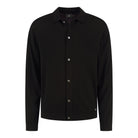Black merino cardigan with button-up front and pointed collar
