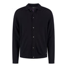 Men's merino cardigan in dark blue with button front and collared neckline