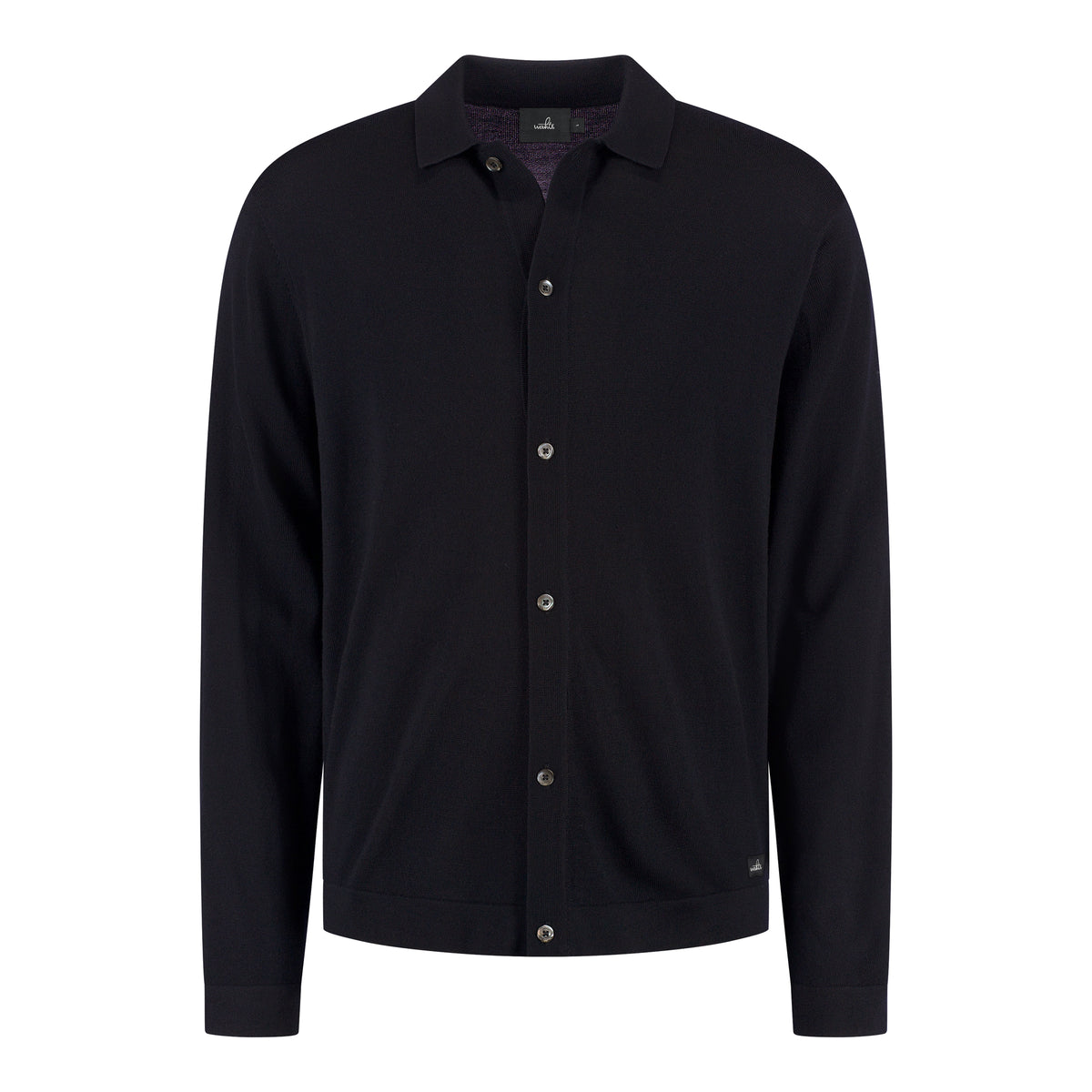 Men's merino cardigan in dark blue with button front and collared neckline