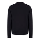Men's dark blue merino cardigan, open back view with ribbed cuffs
