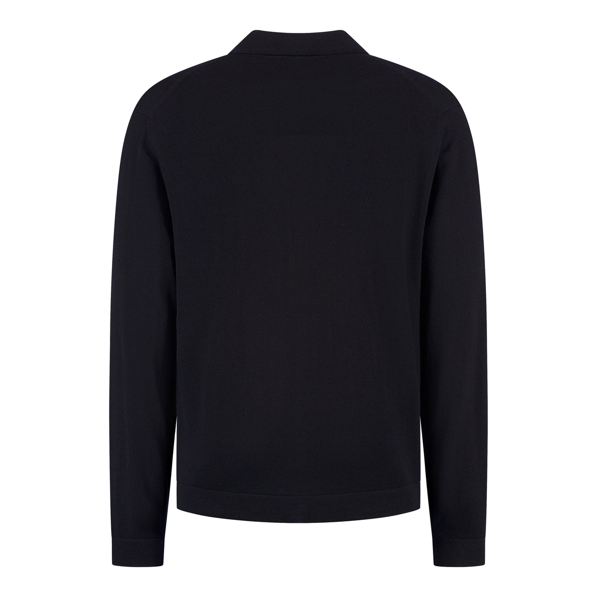 Men's dark blue merino cardigan, open back view with ribbed cuffs
